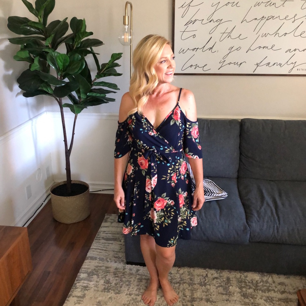 Navy Floral Off the Shoulder Dress